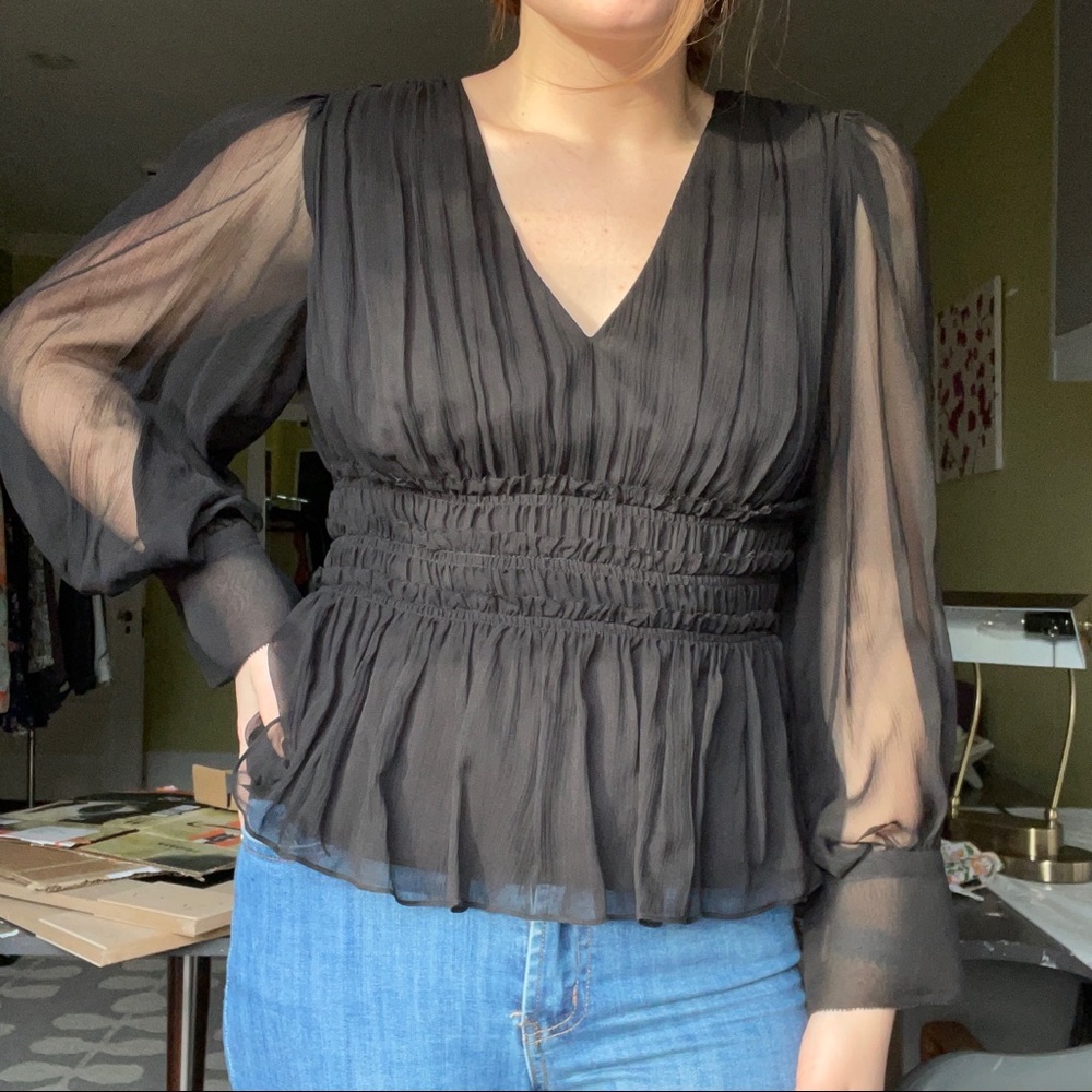 Rebecca Taylor Mesh Sleeve Ruffle Blouse